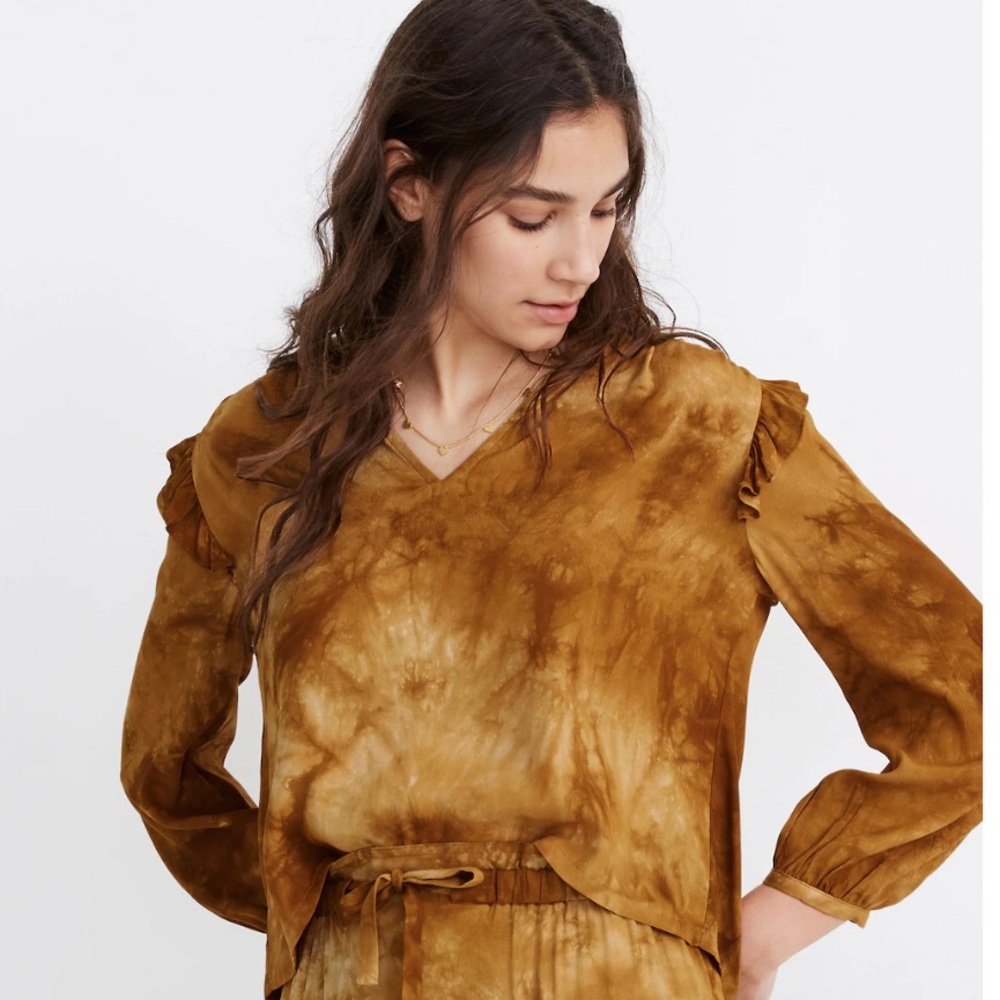 Madewell Tie Dye Ruffle Shoulder long sleeve brown top
